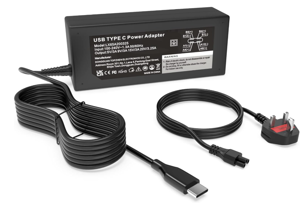 65 Watt USB-C Laptop Charger with UK 3 Pin Power Lead, New 