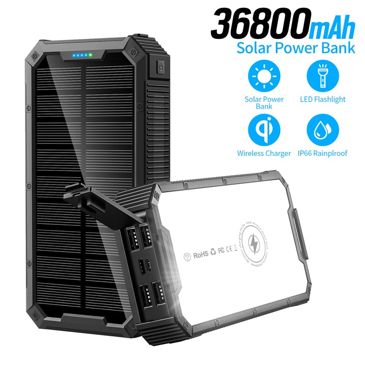 PS-161 36800mah Solar Powerbank + Wireless Charger + Light, 4xUSB-A, 1xUSB-C New 